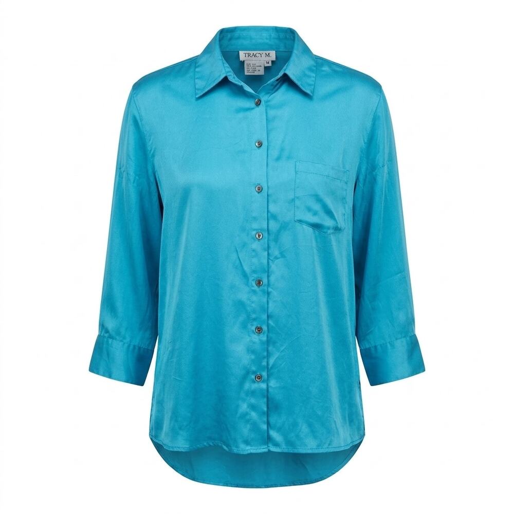 Tracy M 100% Silk Satin Lightweight 3/4 Sleeve Button-Up Shirt Women Size M